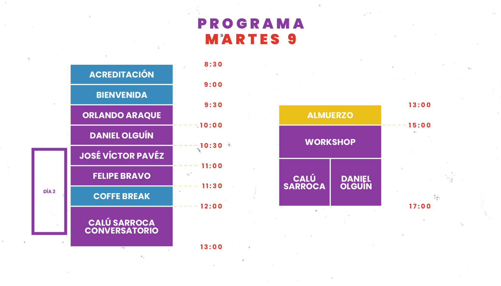 Programa del evento para el martes 9